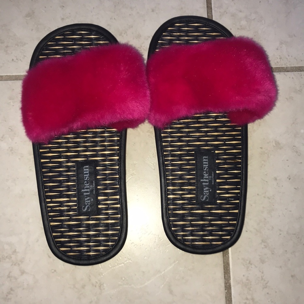 black & pink fuzzy slippers